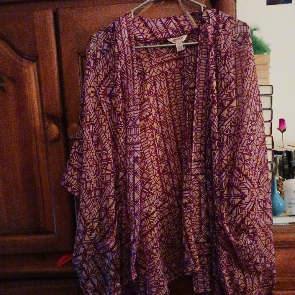 sheer geometric print kimono
